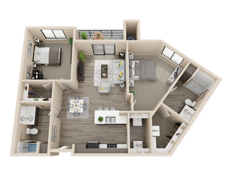 2 bedroom 2 bathroom 1250 sq ft floor plan image at V on Broadway